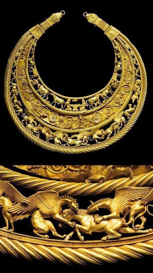 This Scythian Golden Pectoral is a breathtaking masterpiece of ancient jewelry. This large, crescent-shaped necklace, crafted from 24-carat gold, by Greek masters from Athens, dates back to 4th Century BC. It was unearthed in 1971 by archaeologist Borys Mozolevskyi within the