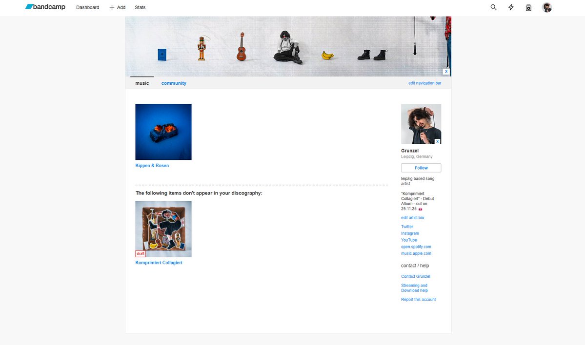 ich hab jetzt bandcamp. falls ihr eure musik lieber kauft und besitzt und evtl. auch von dubiosen streaming services weg wollt, folgt mir da gern. album pre-order folgt bald.🐽 grunzel.bandcamp.com/follow_me