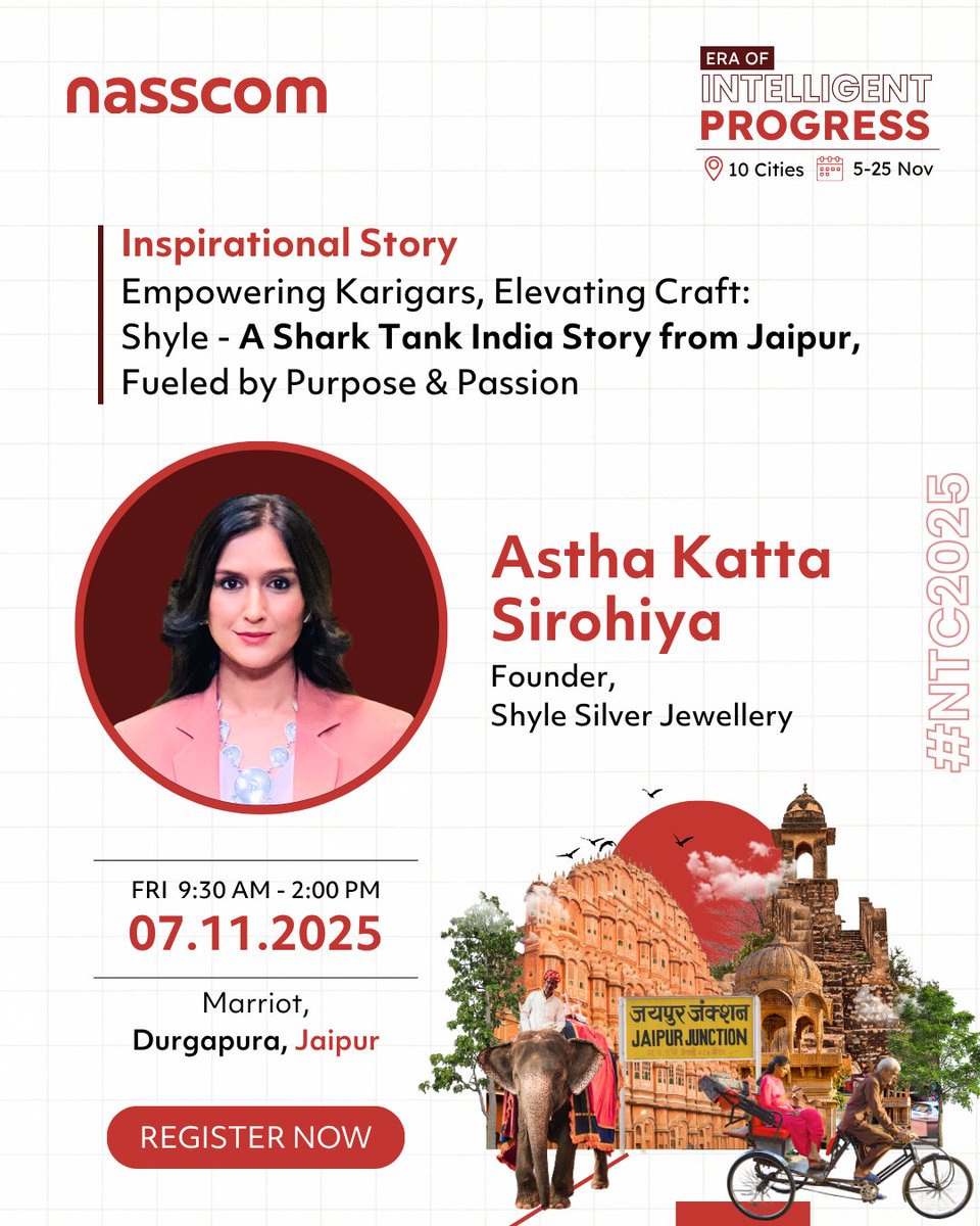 At #NTC2025, we celebrate stories where purpose meets progress and passion fuels innovation.
Join us for an Inspirational Story Session “Empowering Karigars, Elevating Craft: Shyle - A Shark Tank India Story from Jaipur.”

Astha Katta Sirohiya, Founder of Shyle Silver Jewellery,