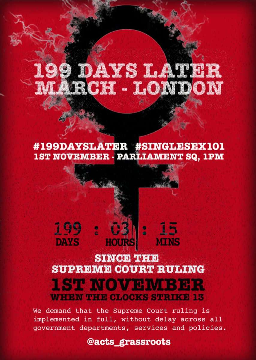 Today thousands will be protesting the refusal of public and private bodies to implement the Supreme Court judgment on biological sex. Protests in London, Edinburgh and Cardiff.

See you in London at 1pm Parliament Square!
#199DaysLater #TheLawIsTheLaw