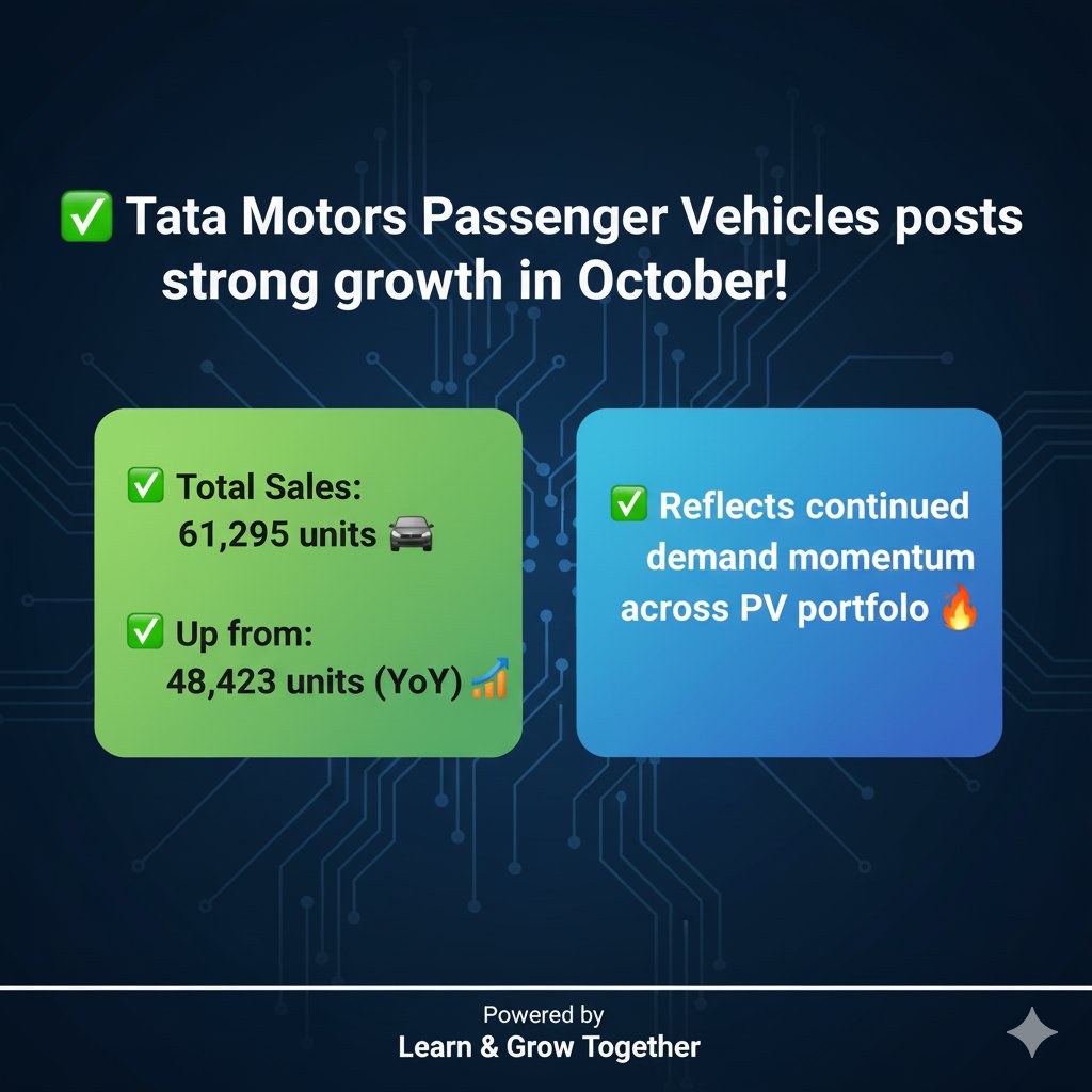 CapitalInsight3's tweet image. Tata Motors Passenger Vehicles posts strong growth in October!

✅ Total Sales: 61,295 units 🚘
✅ Up from: 48,423 units (YoY) 📈
✅ Reflects continued demand momentum across PV portfolio 🔥

#TataMotors #AutoSales #IndianAutomobile #EV #StockMarket #BusinessNews