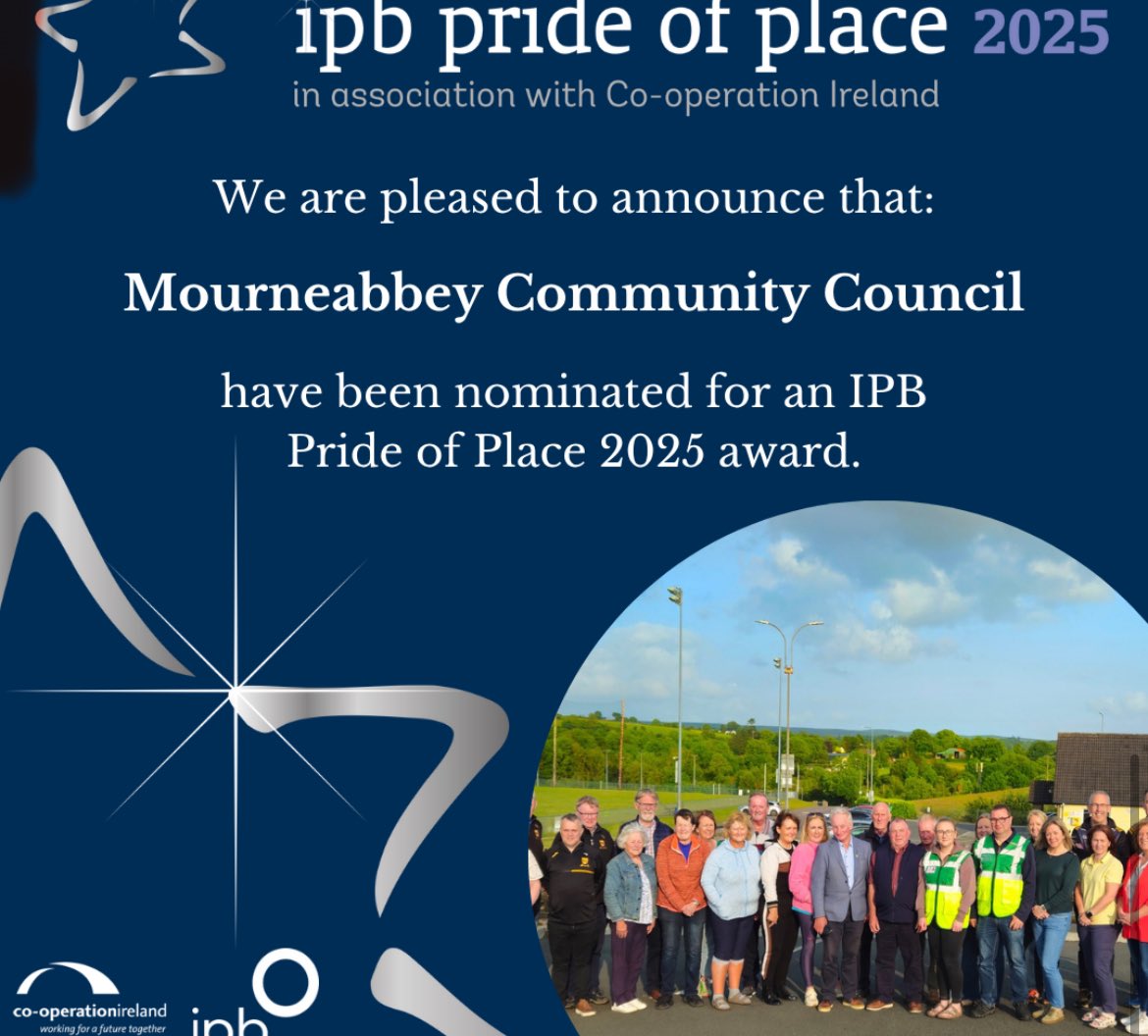 'We are delighted to be nominated by <a href="/Corkcoco/">Cork County Council</a> for the IPB Pride of Place Awards 2025 this takes place  this coming Friday night. 
<a href="/cooperationirl/">Co-operation Ireland</a> 
@ipb_insurance 
<a href="/Limerick_IPBPoP/">Limerick_IPBPrideofPlace</a>