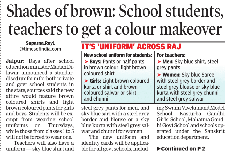 suparnaTOI's tweet photo. After #Rajasthan school education minister @madandilawar announced standardised uniform for pvt &amp; govt school students in state, sources said new attire would feature brown coloured shirts &amp; light brown coloured pants for girls &amp; boys
@rajeduofficial @TOIJaipurNews @TOIIndiaNews https://t.co/WdX3IZOJBA