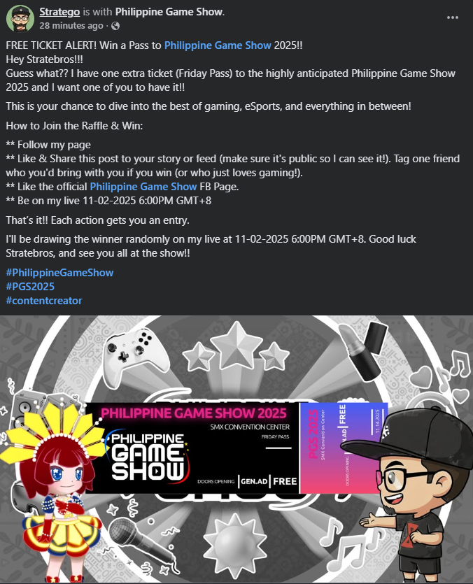 FREE TICKET ALERT!
Check my FB Page for more!!
facebook.com/strategogaming

#PGS2025
#PhilippineGameShow