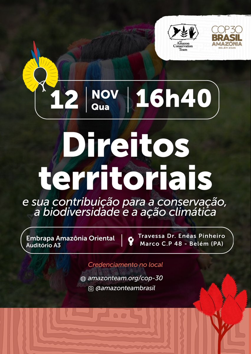 AmazonTeamOrg's tweet image. (English below / Español abajo 👇🏽) Estamos chegando para a COP30 e compartilhamos com vocês mais um de nossos eventos na conferência. No dia 12 de novembro, às 16h40, promoveremos o painel &quot;Direitos territoriais e sua contribuição para a conservação, a biodiversidade e a ação…