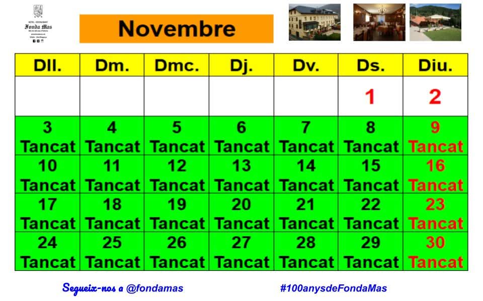 NOVEMBRE 2025 📢📢📢

Tanquem per #VACANCES a partir del 3 #novembre

+ info. i Reserves:
📩 info@fondamas.cat

@fondamas #tancat #novembre #vilaller #valldebarravés #altaribagorça #pirineus #lleida #cuinacasolana #productesdeproximitat #km0 #restaurant #menu #100anysdeFondaMas