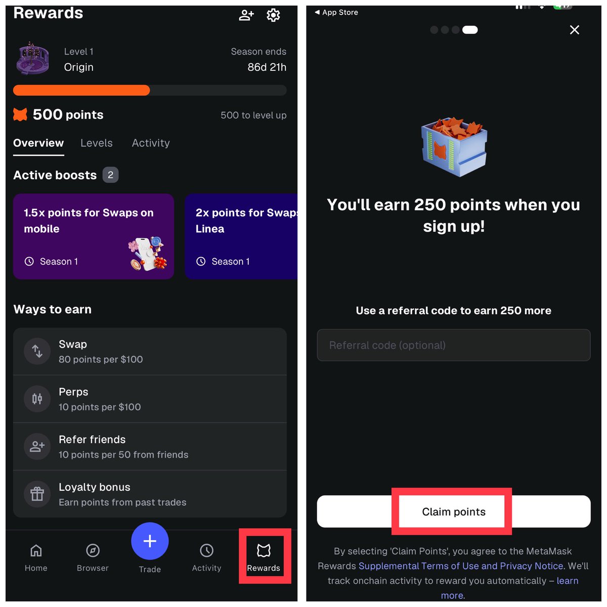🪂🪂 Metamask New Points Program Live For All User'S 🔥

App Link ➡️ link.metamask.io/rewards?referr…

➡️ Enter Code: YZM090(Tap &amp; Copy)
➡️ claim +250 Points + 250 Bonus points.
➡️ Earn More Points by Swap &amp; Bridge

🚨🚨Install &amp; Update ur Metamask apk &lt; open apk &lt; Go to "Reward" section.