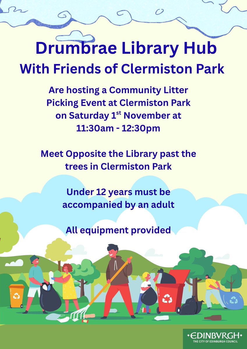 DrumbraeL's tweet image. It&apos;s Saturday and we have our regular Bookbug session at 10:30am this morning.
At 11:30am we are hosting a community Litter Picking event at Clermiston Park.
Our Comic Making group is unfortunately cancelled due to staff absence.
#GreenLibrariesWeek