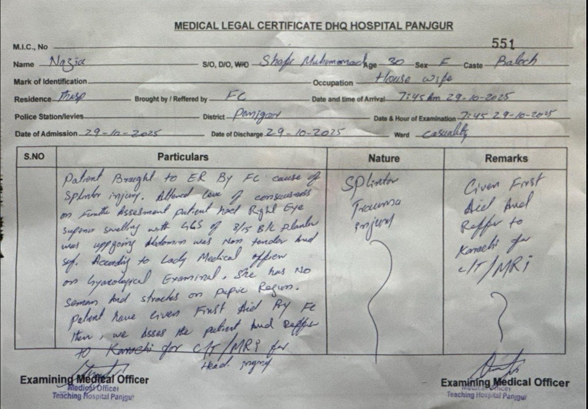 Alizabaloch_18's tweet image. پنجگور میں فوت ہونے والی نازیہ بلوچ کی میڈیکل رپورٹس سامنے آ گئی ہیں۔

رپورٹس کے مطابق نازیہ کو ہیڈ انجری ہوئی تھی، جسے ابتدائی طبی امداد کے بعد ڈی ایچ کیو لے جایا گیا، اور بعد ازاں سکیورٹی فورسز کے ذریعے کراچی منتقل کیا گیا۔

اینٹی اسٹیٹ عناصر اس واقعے کو غلط رنگ دے کر سوشل…