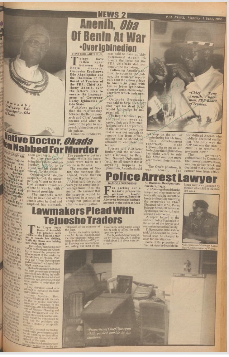 TB: 2007. OBA Erediauwa and Anineh at war over Igbinedion. 

Despite the failures of Lucky and his clash with the monarch during his first term, OBA Erediauwa ensured that he was not impeached by declaring that despite his shortcomings he is a Benin man and he must be protected.