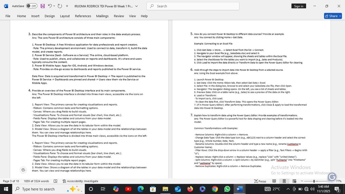 IruomaRodrick's tweet image. Finished my Week 1 project for the TDI Power BI challenge!
Explored the basics of Power BI, data transformation, and building reports.
Excited to keep growing my data skills!
#TDI #PowerBI #DataAnalytics @MSPowerBI
@TDataImmersed @DabereNnamani @JudeRaji_