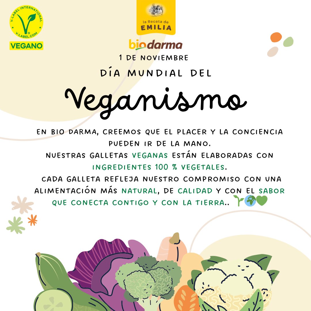 biodarmaeco's tweet photo. 🌱 Hoy celebramos el #DíaDelVeganismo
En BIO DARMA creemos que el placer y la conciencia pueden ir de la mano.
Nuestras galletas veganas, 100 % vegetales, reflejan nuestro compromiso con una alimentación natural, consciente y deliciosa. 🍪💚
#VeganDay #Biodarma https://t.co/w3EbGUsEFr
