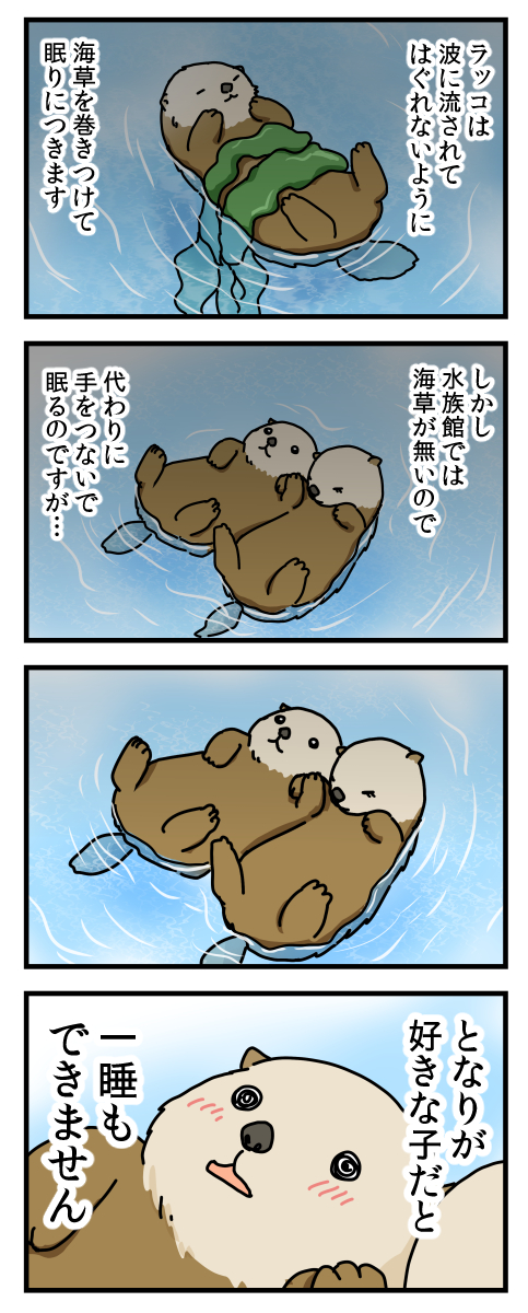 前に描いた4コマ「ラッコの習性」

2コマ目までは本当です。
最後も本当だったらかわいいなぁ。

ちなみに日本にいるラッコはたった2匹で、両方ともメスです。

#4コマ漫画 
