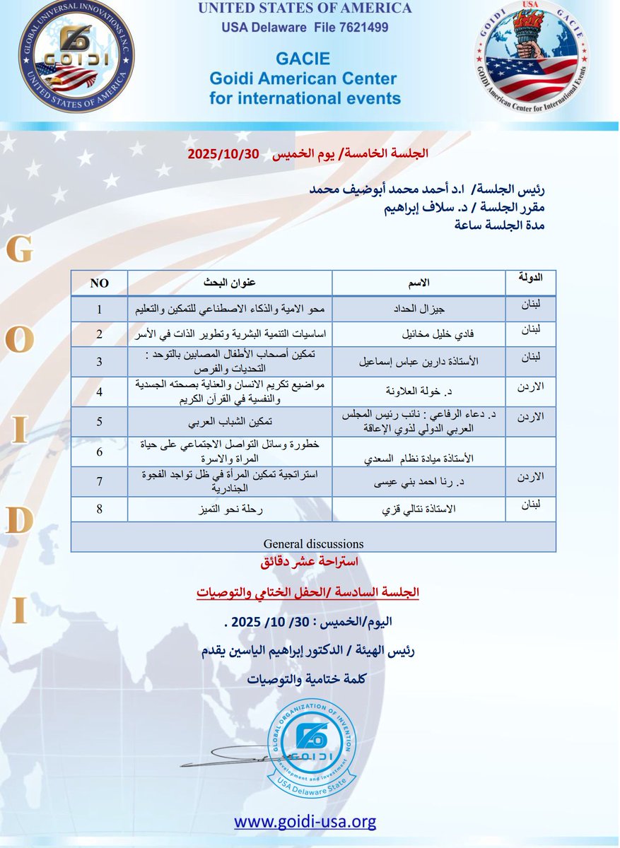 سعدت وشرفت بأن أكون رئيس  الجلسة الخامسة بالمؤتمر الدولى العلمى العشرون والمقام عن بعد تحت رعاية الهيئة العالمية الأمريكية للاختراع والتنمية والاستثمار تحت عنوان  "تمكين الشباب في عصر الإعلام الرقمي والذكاء الاصطناعي"