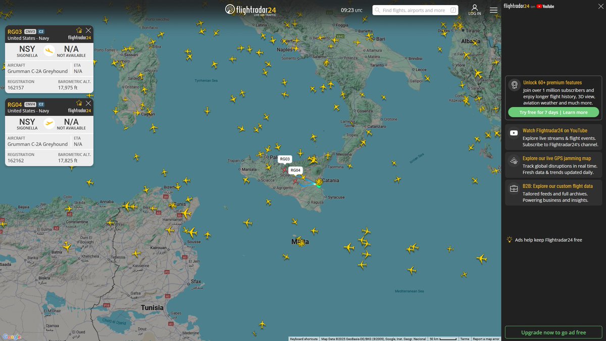 AIYeyENGDdJkjTr's tweet photo. Nov. 1, 2025
#Naval Air Station Sigonella ==>
#RG03 #AE0451 USN C-2A Greyhound
#RG04 #AE0454 USN C-2A Greyhound
The C-2A Greyhound departed Sigonella and began its journey.
This signals that the USS Gerald R. Ford is leaving the Mediterranean Sea and heading for the Caribbean https://t.co/Mo7wMmecJP