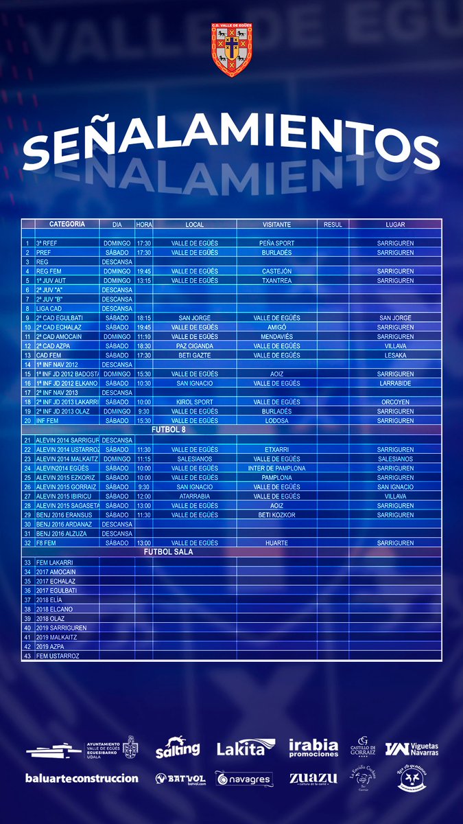 Todos los señalamientos de nuestros equipos para este fin de semana del 1 y 2 de Noviembre.

¡Aúpa Egüés! 🟦🔵