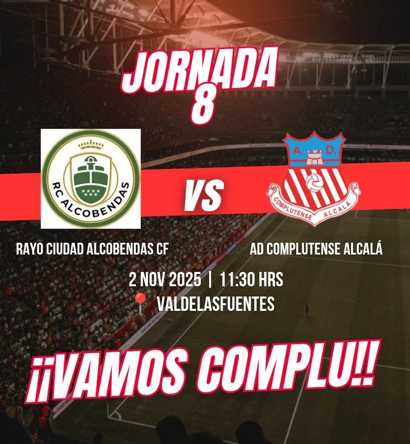 ¡¡Qué el ritmo no pare equipo!!🫡

¡¡Tras tres jornadas consecutivas sin conocer la derrota los de <a href="/Andy_Al_Pe/">Andy Alvarez Perez</a> visitan Valdelasfuentes con ganas de más!!💪🏼

🆚 <a href="/RayoAlcobendas/">RC Alcobendas</a>
⏰ 11:30h
📍Valdelasfuentes 

¡¡Juntos somos imparables!!🫶🏼

#EsaMaravillosaMinoría 🤫
#VamosComplu
🤍❤️