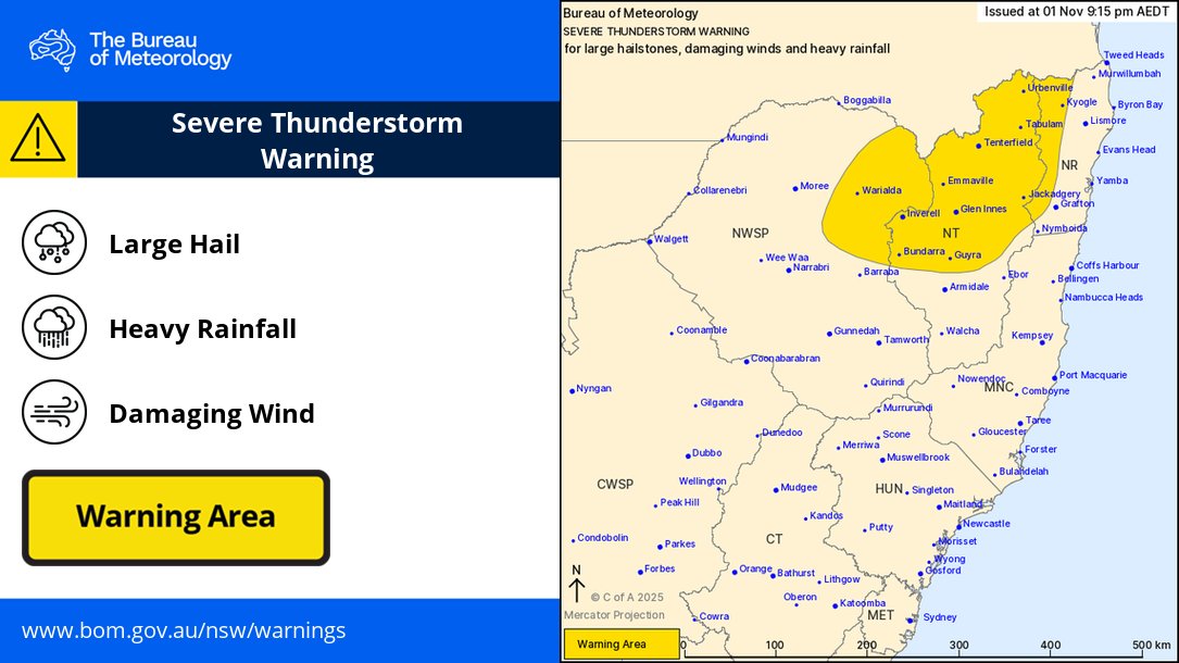 BOM_NSW's tweet photo. ⚠️⛈️ 9:15pm: Severe Thunderstorm Warning for large #hail, damaging #wind &amp; heavy #rainfall

in #NorthernTablelands &amp; parts of #NorthernRivers &amp; #NorthWestSlopesPlains Districts

May impact: #Tenterfield #GlenInnes #Inverell #Kyogle #Tabulam &amp; #Urbenville

https://t.co/LjPuuLoj2G https://t.co/VfVANqoTig