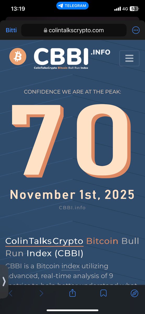CBBI = Bitcoin boğa piyasası endeksi
Yüksek CBBI → Zirveye yakın(90-100)
Düşük CBBI → Dibe yakın (10-0)
Halving → Yeni döngünün başlangıç işareti

2021 rallisi CBBI 97 Btc tepe noktası

2025 CBBI henüz 70 🤔