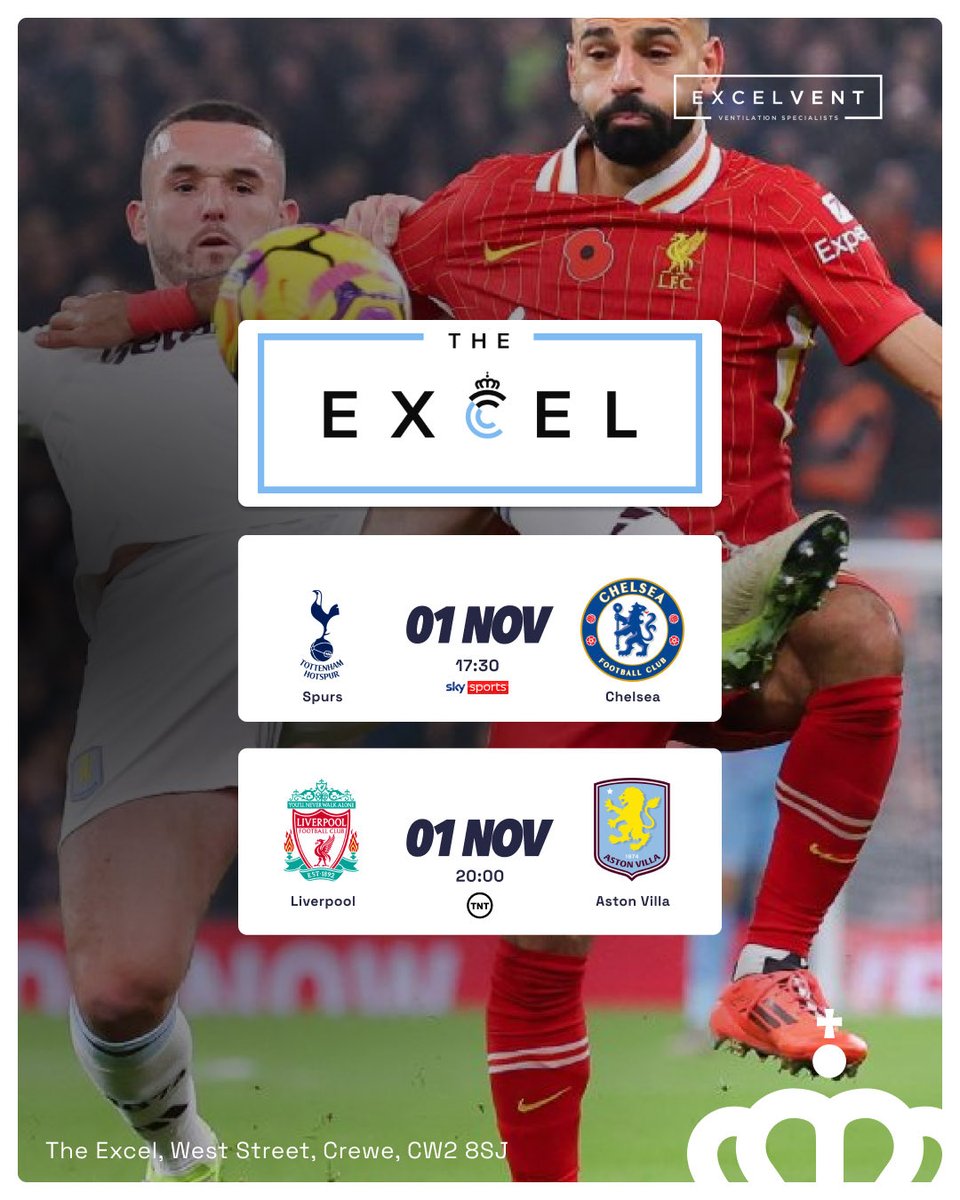 𝗧𝗵𝗶𝘀 𝗘𝘃𝗲𝗻𝗶𝗻𝗴…

ℹ️The Excel will be open to Club Members &amp; accompanied Guests for more live Premier League Football!

🕓 We’re open from 4pm this afternoon, with <a href="/SpursOfficial/">Tottenham Hotspur</a> v <a href="/ChelseaFC/">Chelsea FC</a> (5.30pm)

Followed by <a href="/LFC/">Liverpool FC</a> v <a href="/AVFCOfficial/">Aston Villa</a> (8pm)

👋🏻 We’ll see you there