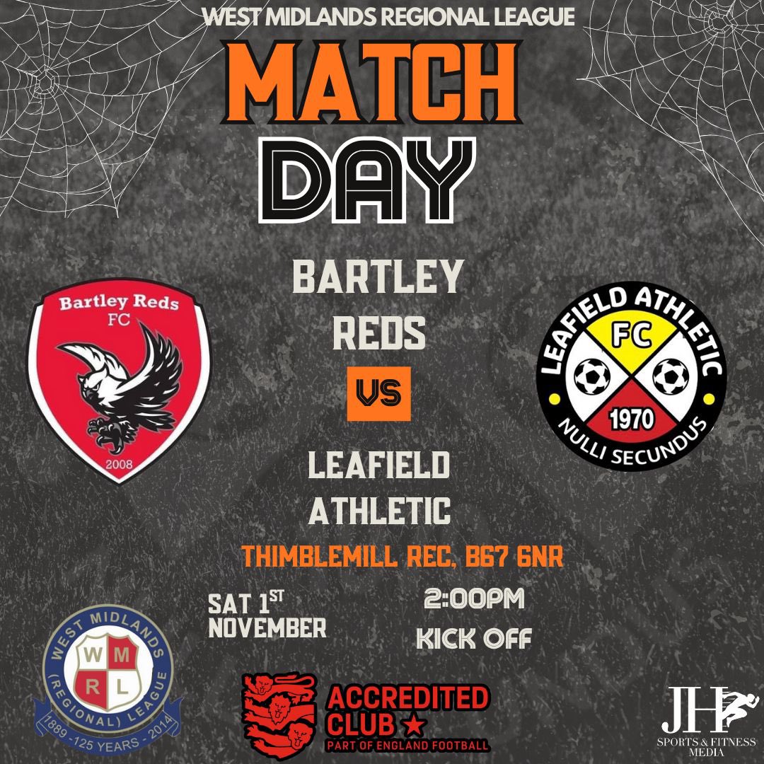 🕸️🎃 Dusting the cobwebs off after another week away from football! 

We hit the road to face <a href="/BartleyRedsFC/">Bartley Reds FC</a> in West Midlands Regional League Division One action

📍 Thimblemill Rec, B67 6NR 
🕑 2:00pm KO 

#LeafieldAthletic #NulliSecundus #MatchDay #WMRL