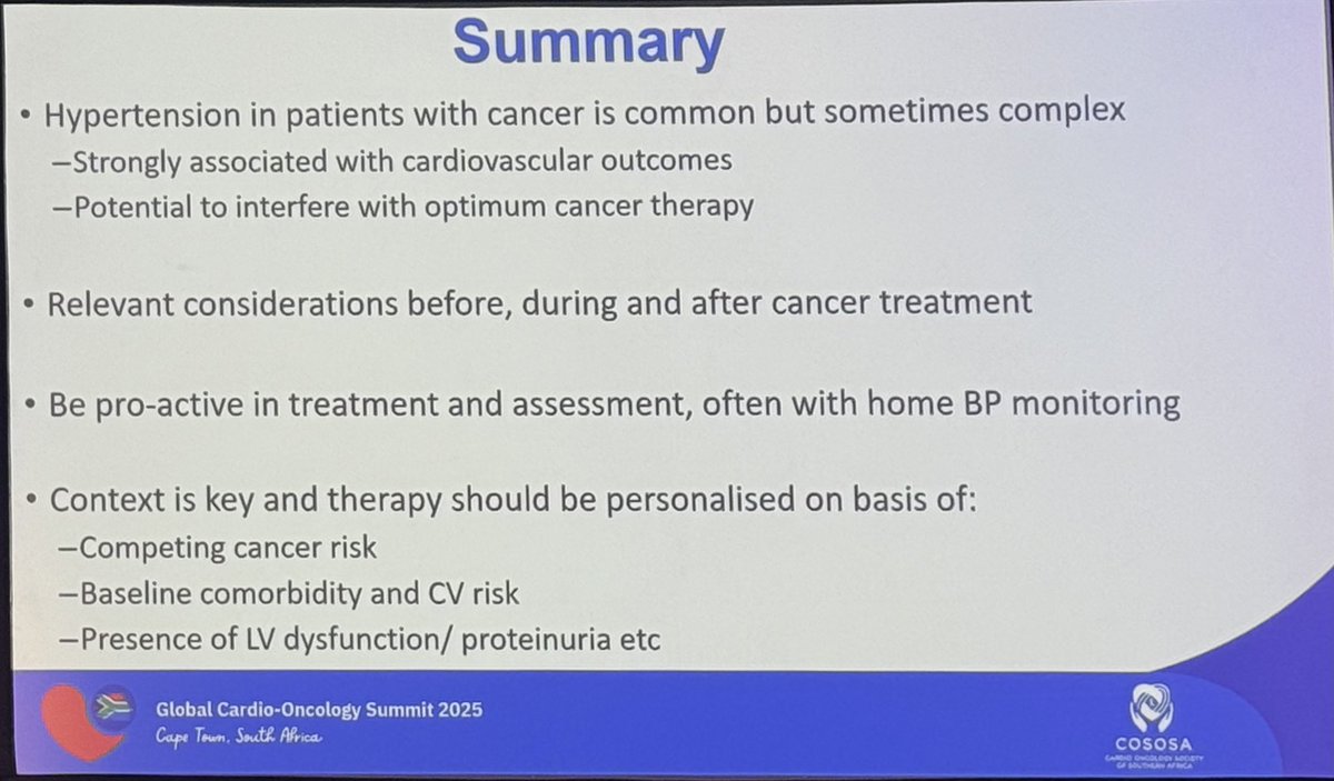 How Do I Manage High BP? with Dr Ninian Lang #GCOS25
🔸Baseline BP&gt;140/90mmHg ➡️x2 risk of HF.
🔸Intensive BP control is safe in cancer patients.
🔸Treatment:
  1) ACEI/ARB
  2) MRA, nitrates, Hydralazine, BB
  3) Thiazides and a-block
  **Avoid: verapamil, diltiazem
<a href="/ICOSociety/">International Cardio-Oncology Society</a>