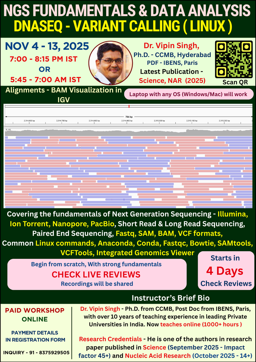 dr_vipin_singh's tweet photo. For Course details &amp; Registration - https://t.co/VeTRWex2pl
Check live reviews - https://t.co/16bbFm5r2s
#ngs #illumina #shortread_sequencing #long_read #DNASeq #fastq #sam #bam #vcf #fastqc #multiqc #bowtie https://t.co/afKPn6nDrd