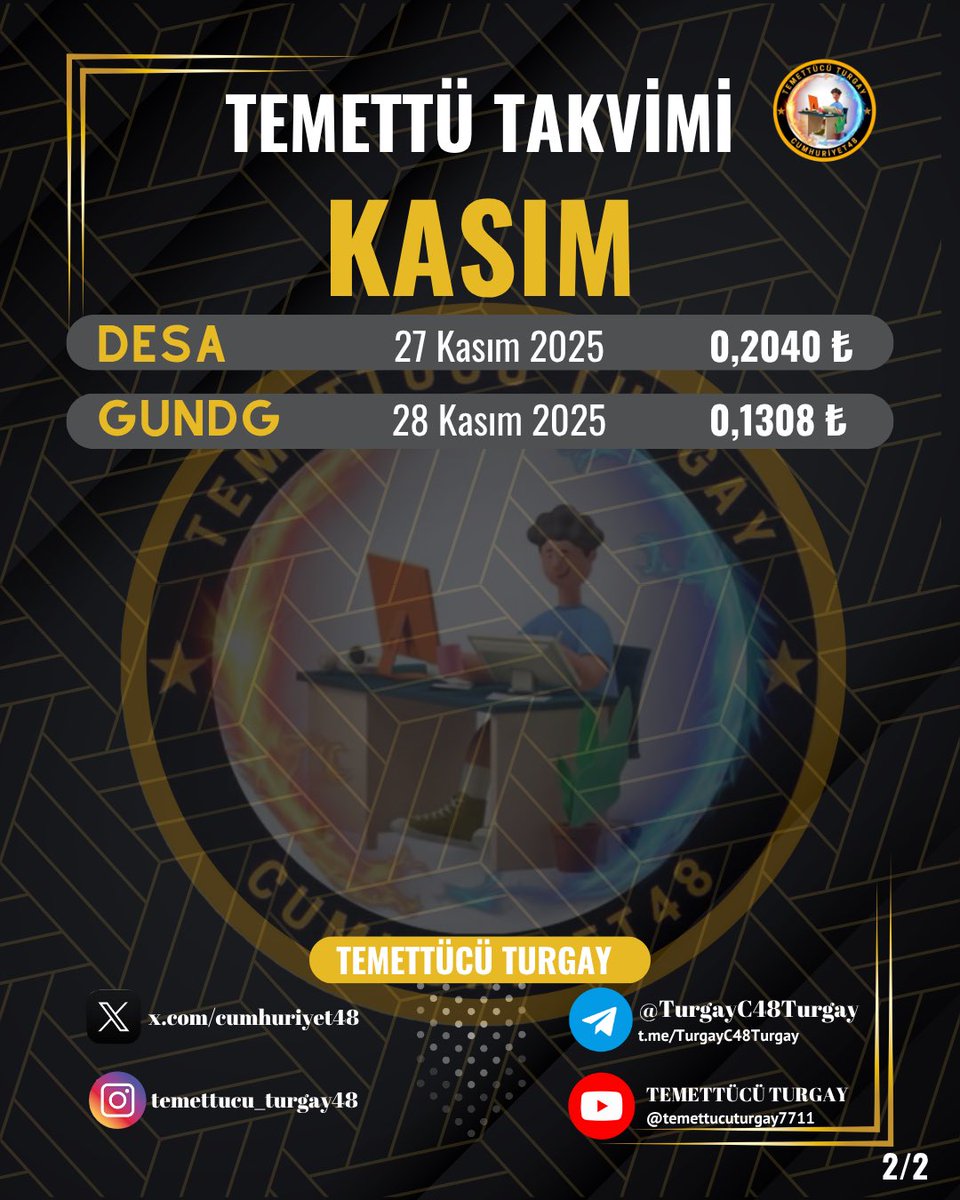 2025 KASIM AYI TEMETTÜ TAKVİMİ 
rt yaparak elinde hissesi olanlara ulaşabilmek için destek olabilirsiniz

#SUNTK  5 Kasım 2025  0,9300 ₺
#PLTUR  13 Kasım 2025  0,6460 ₺
#BALSU  14 Kasım 2025  0,1498 ₺
#DURKN  14 Kasım 2025  0,0556 ₺
#ARDYZ  17 Kasım 2025  0,0276 ₺
#EGPRO  20