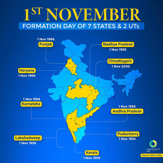 1️⃣st Nov. is the Foundation Day of 08 states, including Haryana, Andhra Pradesh, Chhattisgarh, Karnataka, Kerala, Madhya Pradesh, Punjab &amp; Tamil Nadu &amp; 05 UTs, including Andaman &amp; Nicobar Island, Chandigarh, Delhi, Lakshadweep and Puducherry, which are formed on November 01.