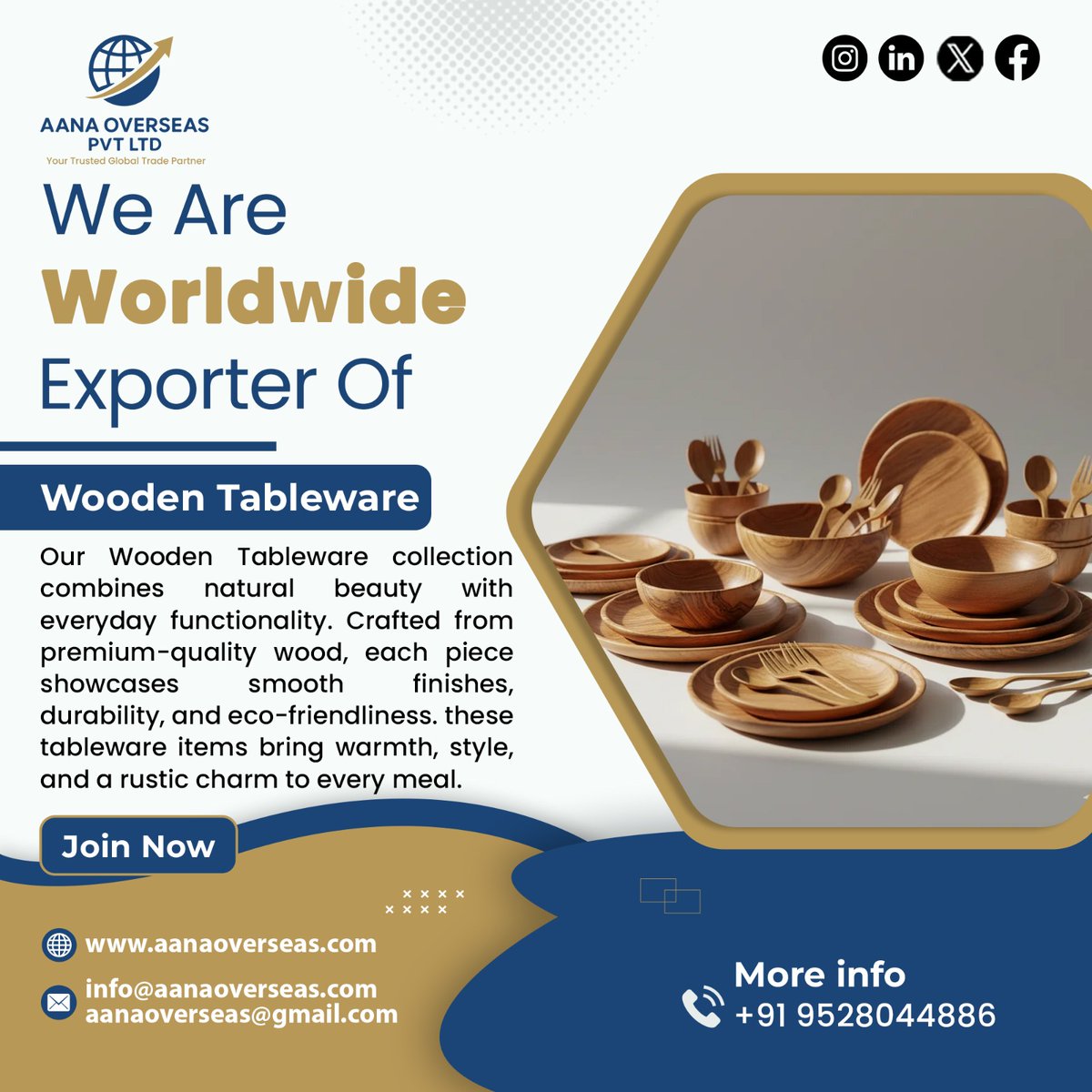 aanaoverseas's tweet image. Elevate Your Dining Experience with Premium Wooden Tableware from AANA OVERSEAS PVT. LTD.
✉️ info@aanaoverseas.com
📧 aanaoverseas@gmail.com
📞 +91 9528044886
🌐 aanaoverseas.com
#AANAOverseas #WoodenTableware #PremiumTableware #EcoFriendlyDining #SustainableLiving