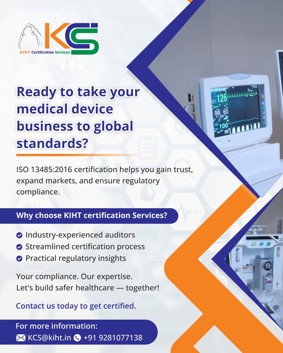 GetKCS's tweet image. Ensure your medical device meets the highest standards! Get certified with #ISO 13485:2016 and build trust, expand markets, and comply with regulations. Connect with with @GetKCS for expert guidance and audit support. Contact us at Email: KCS@kiht.in #MedicalDevices #ISO13485