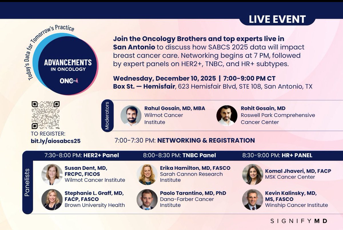 6 wks to go! Excited to discuss how the data from #SABCS25 will change/reinforce our practice at the Advancements in Oncology! 

In Person, 📆 Date: Dec 10, 2025
⏰ Time: 7-9PM 
✅ Register here: bit.ly/aiosabcs25 

Her2: <a href="/sdent_cardioonc/">Susan dent</a> &amp; <a href="/DrSGraff/">Stephanie Graff, MD, FACP, FASCO</a> 
TNBC: <a href="/ErikaHamilton9/">Erika Hamilton, MD, FASCO</a>