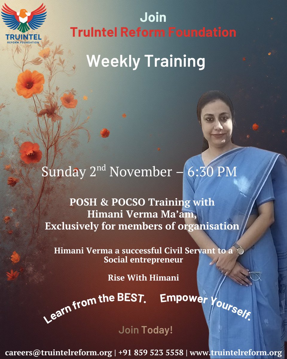 TruIntel_Reform's tweet image. This Sunday, 6:30 PM join our POSH &amp;amp; POCSO training with Himani Verma Ma’am 🌸

FREE for TruIntel members! 

Complete your onboarding today &amp;amp; learn from the best.

#TruIntelReformFoundation #EmpowerYourself #POSH #POCSO #Leadership