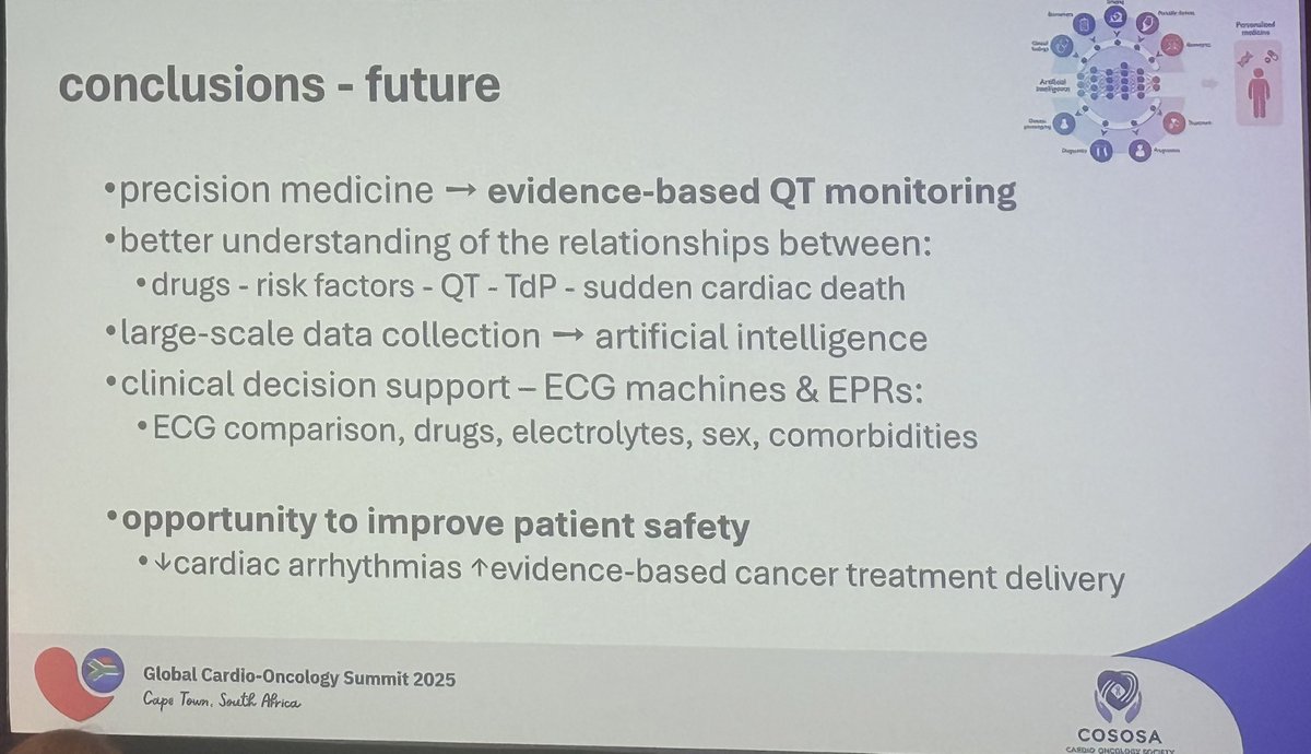 How Do I Manage QTc Prolontation? Dr Chris Plummer #GCOS25
🔸Use Fridericia formula
🔸Normal values: 👨🏻350-450ms, 👩🏻360-460ms
🔸QTc &gt; 500ms or an increase of &gt;60ms from baseline ⬆️ risk of TdP.
🔸Baseline QTc should be measured before cancer treatment.
#CardioOnc
<a href="/ICOSociety/">International Cardio-Oncology Society</a>