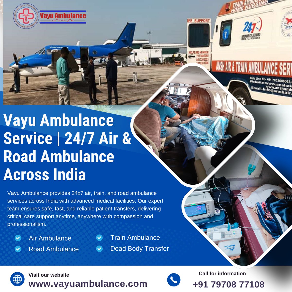 Vayu Ambulance provides 24×7 emergency and non-emergency ambulance services across India. Our trained medical team ensures safe and quick patient transfer with complete bed-to-bed care.
📞 Call Now: +91 79708 77108 
🌐 Website: vayuambulance.com
#VayuAmbulance #AirAmbulance