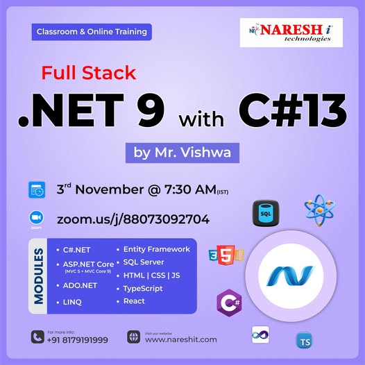 SaiThanai1114's tweet image. Launch Your Full Stack Career with .NET 9 & C# 13!
🔗 Register Now: tinyurl.com/mvb8458
Trainer: Mr. Vishwa
📅 Date: 3rd November 2025,Time: 7:30 AM (IST)
#DotNetTraining #CSharpDeveloper #FullStackDevelopment  #DotNet9 #CareerInTech #ITTraining #HyderabadTraining #NareshIT
