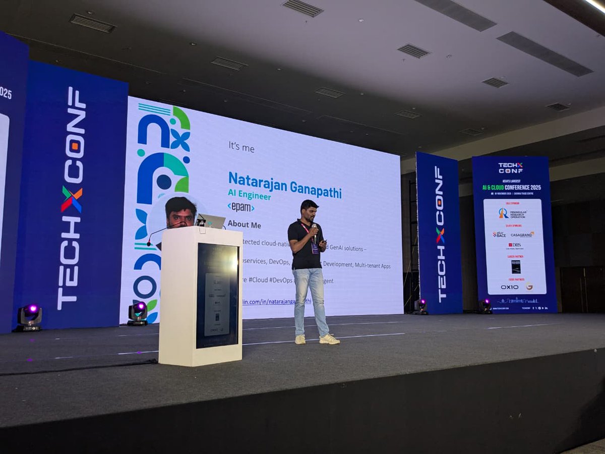 TechXConf's tweet image. 🚀 Live at TechXConf 2025!

In Track 1, Natarajan Ganapathi is presenting:

🎯 “AI Agents: Build, Orchestrate and Scale with Microsoft Agent Framework &amp;amp; Azure AI Foundry.”

Discover how to create, manage, and scale intelligent AI agents using Microsoft Agent Framework and Azure…