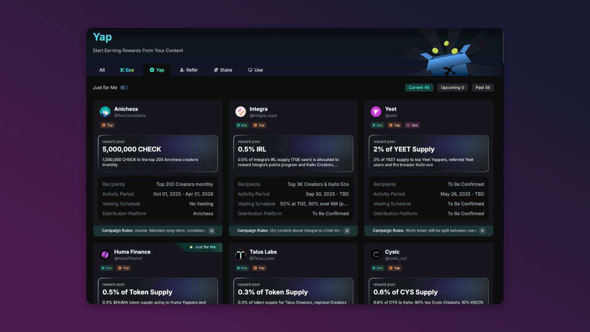 0xmazyar's tweet image. Undervalued InfoFi campaigns on Kaito

Bookmark + RT if helpful

• Infinit: 2M $IN to Top 2,000, no vesting
  Oct 16–Dec 16, 2025

• Multibank: $150K in USDT
  ~1 month left

• Anichess: 1M $CHECK monthly, no vesting
  At $100M FDV → ~$100K/month; 4 months left

• Bitdealer:…