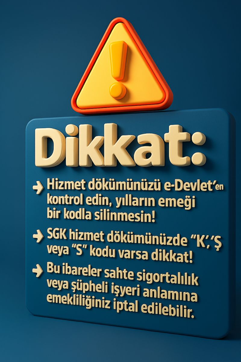 SGK hizmet dökümünüzde “K”, “Ş” veya “S” kodları varsa dikkatli olmalısınız. Bu kodlar, sigortalılık sürecinizin geçersiz sayılmasına ve emeklilik hakkınızın iptaline yol açabilir.