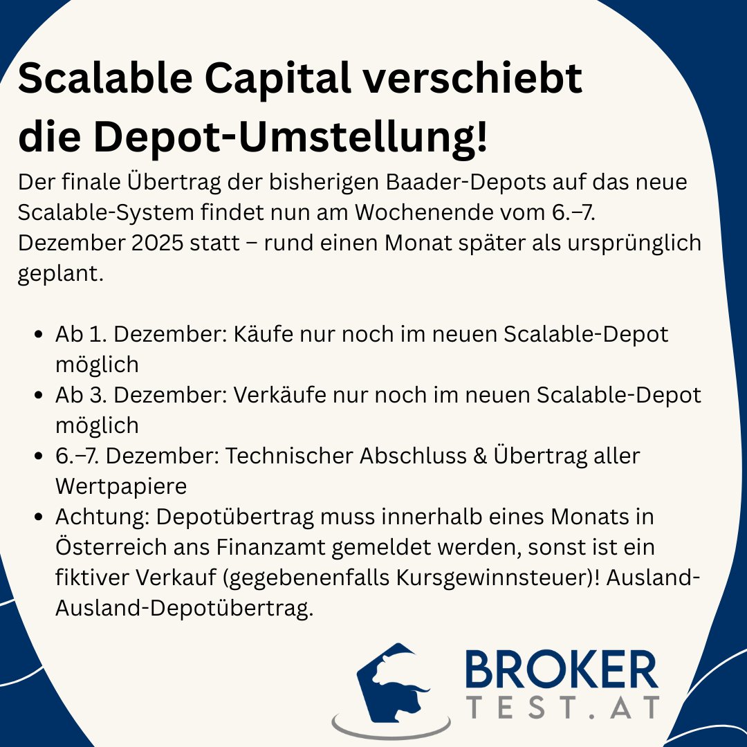 brokertest_at's tweet image. Scalable Capital verschiebt die Depot-Umstellung!

Finale Übertrag der Baader-Depots auf das neue Scalable-System findet nun vom 6.–7. Dezember 2025 statt – 1 Monat später als geplant.

broker-test.at/news/scalable-…

#scalable #Depot #uebertrag #baaderbank #oesterreich #finanzamt
