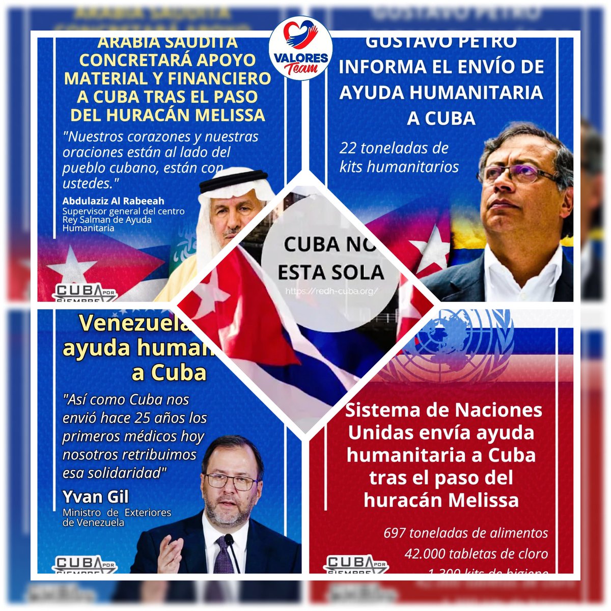 Mientras EEUU habla -sin acción- de mandar ayuda a Cuba tras el paso de 🌀Melissa, otras naciones del mundo, sí materializan esa ayuda.🌐🆚🇺🇸

🌐🤝🇨🇺#CubaSeLevanta gracias a la solidaridad de quienes saben que "la mejor manera de decir es hacer".

#CubaNoEstáSola
#ValoresTeam