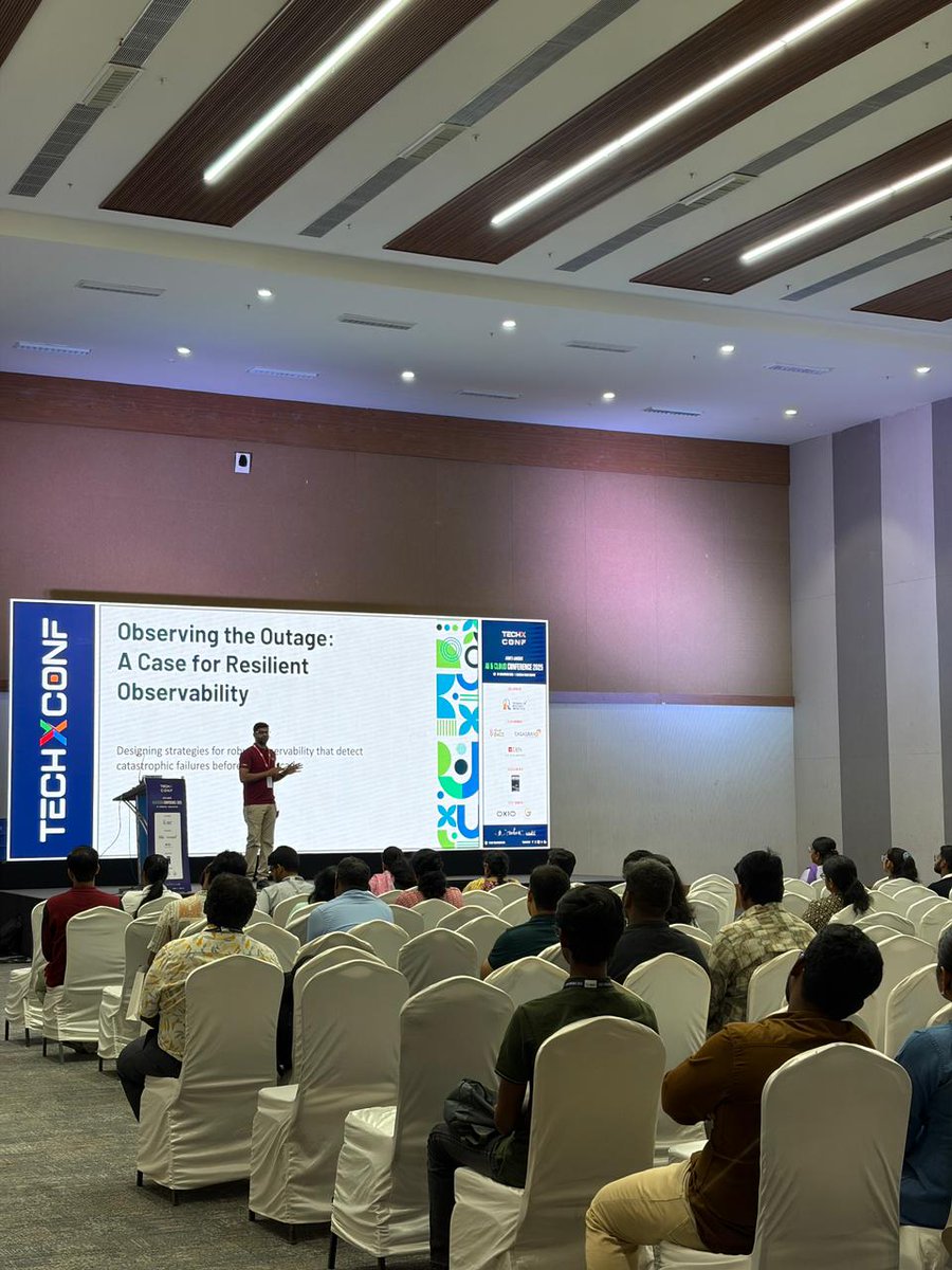TechXConf's tweet image. 🚀 Live at TechXConf 2025!

In Track 4, Sameer Mhaisekar is presenting:
🎯 “Observing the Outage: A Case for Resilient Observability.”
Discover how robust observability practices can turn outages into opportunities — improving system resilience, reliability, and response time in…