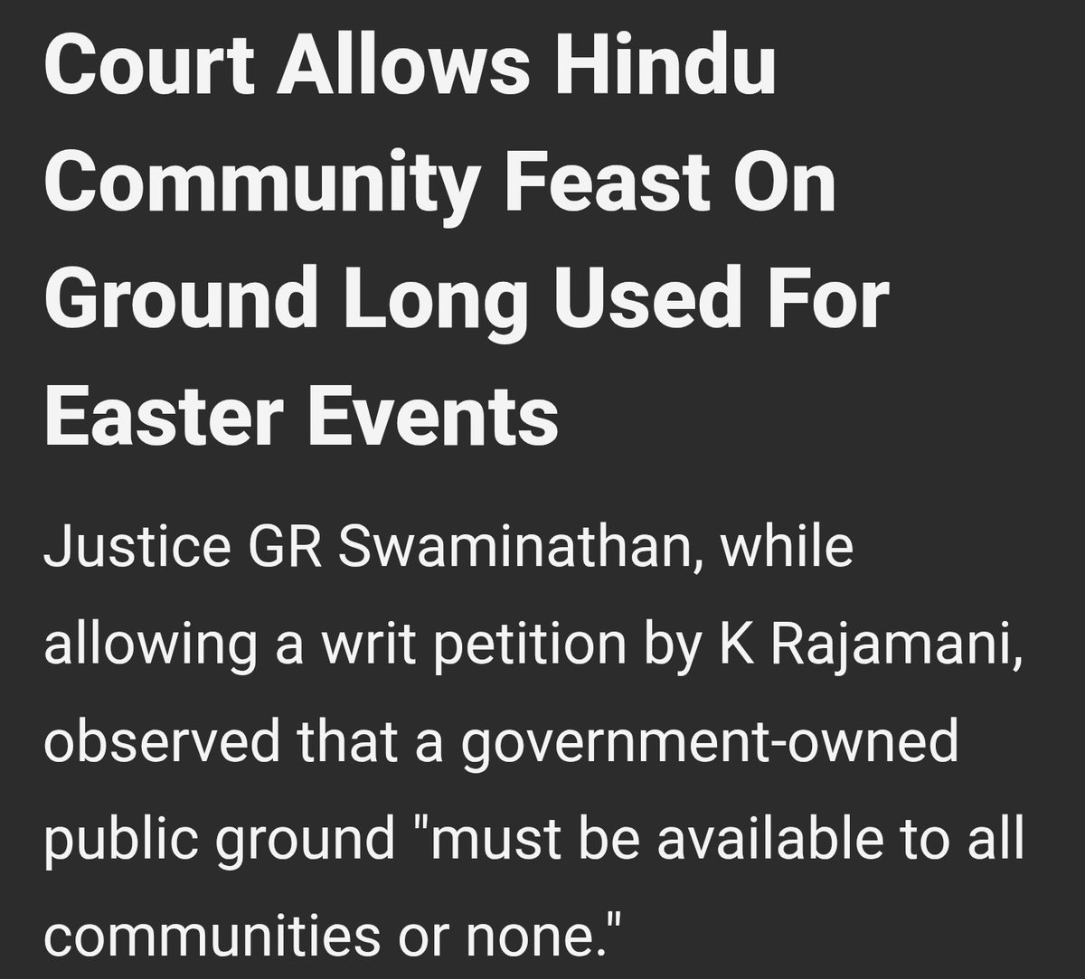 MeghUpdates's tweet photo. In Bharat, 400 Hindu families in Tamil Nadu’s Chinnallapatti village had to go to the Madras High Court just to serve free food (Annadhanam) to the poor on public land.

For over 100 years, the same ground was used only by the 2,500 Christian families for Easter as they claimed it as “Christian land” under an old British-era practice. 

When Hindus asked to use it, police denied permission, saying it might cause trouble. 

The HC ruled in favour of Hindus: This is government public land, not private or Christian property. No community can have monopoly. Hindus have equal rights.