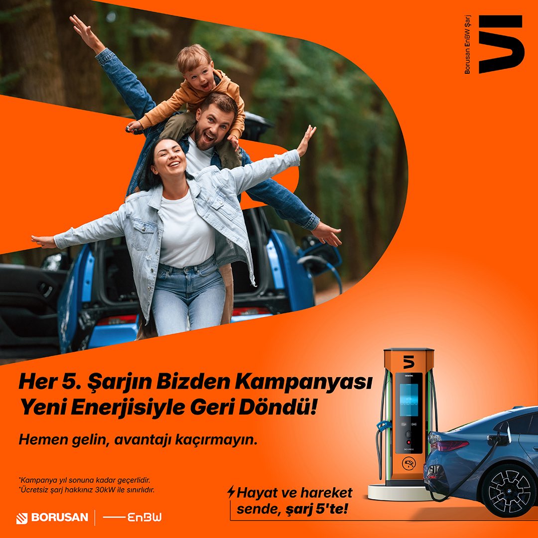 Aracını 5 istasyonlarında 4 kez şarj et, 5. şarjında 30 kW’a kadar enerji bizden! 🔋
Kampanya yeni yıla kadar geçerli, rotanı 5’e çevir, enerjini doldur, keyfini çıkar.
*5. şarjda 30 kW üzeri kullanımlar ücretlidir.
#şarj5te #YeniKampanya