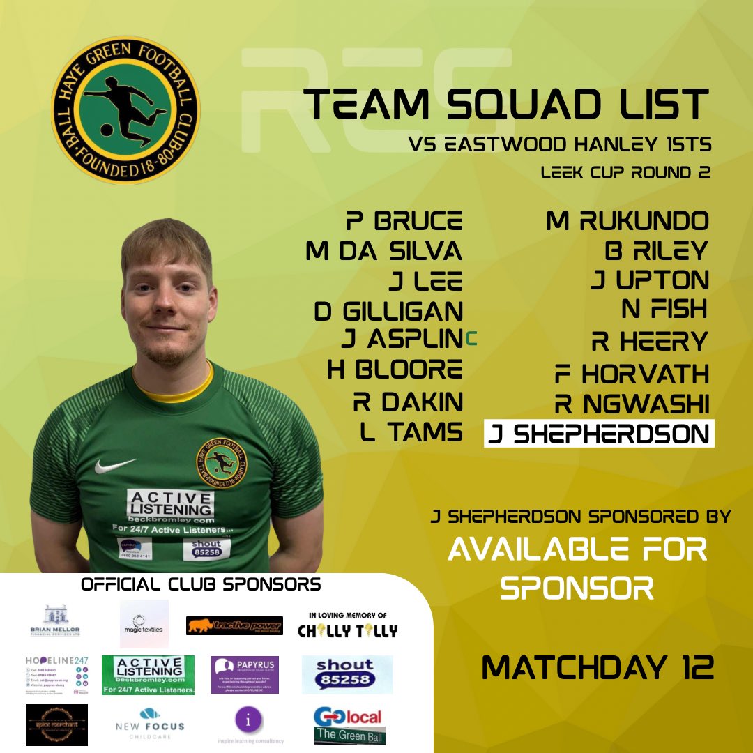⚽️ RESERVE TEAM SQUAD ⚽️

Here is the Reserve Team squad for the 12th Matchday vs Eastwood Hanley 1st Team 💚
