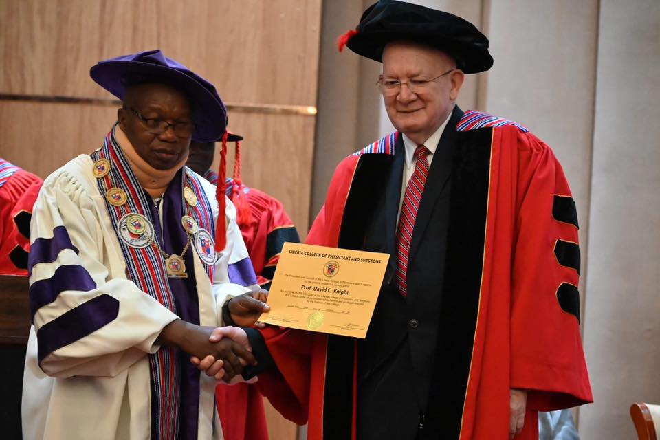 Congratulations to Dr. David Knight who was awarded the LCPS Honorary Fellowship during the Liberian College of Physicians and Surgeons 9th Annual Convocation in Liberia. Dr. Knight was honored for his decades of work training the country’s surgeons and physicians.