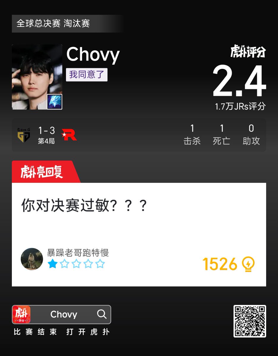HupuEsports's tweet photo. Chovy gets a 2.4 for Game 4 against KT:

"Are you allergic to Worlds finals?"

"Chovy, you need to pass me then talk about the future"

#Worlds2025 #GENWIN #LCK https://t.co/fjUB82QP1C