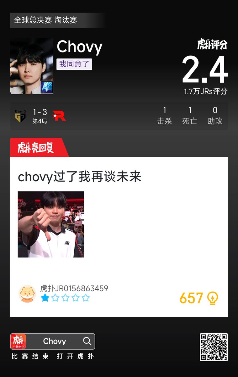 HupuEsports's tweet photo. Chovy gets a 2.4 for Game 4 against KT:

"Are you allergic to Worlds finals?"

"Chovy, you need to pass me then talk about the future"

#Worlds2025 #GENWIN #LCK https://t.co/fjUB82QP1C
