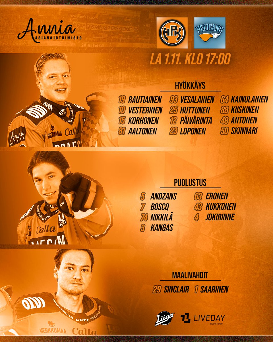 Kerho tänään! 🔥
Muutoksia ketjuissa perjantailta. 

#HPK #Liiga #Hämpton
