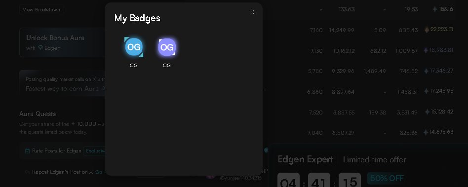 Duong171098's tweet photo. Progress update 💫
Unlocked: OG, Halo, Spark on @EdgenTech — loving the ecosystem so far 🔥
Still missing Glow and Old Fren, but the journey continues!
That purple OG badge caught my eye 👀 — any hints on how to earn it?
Let’s share tips and grow together 💜
#Edgent #Aura #OG #Spark #Glow #Earn